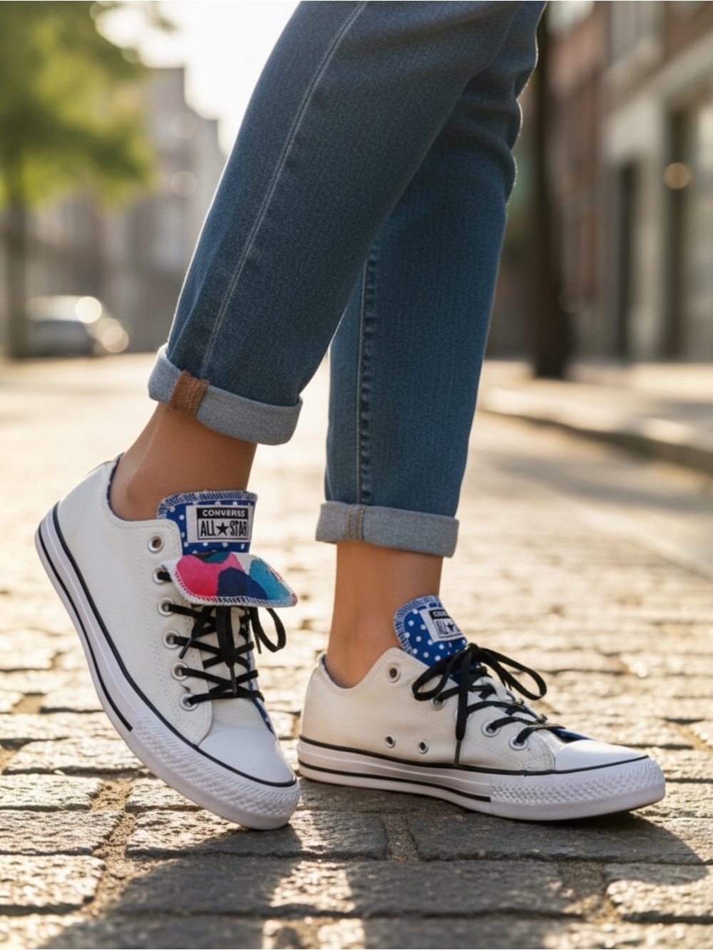 Converse All Star Double Tongue White Sneakers with Blue Accents
